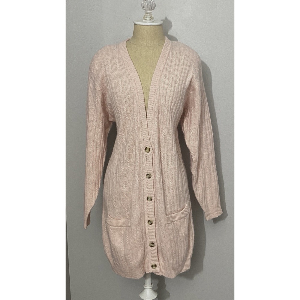 Vtg Liz Claiborne Cardigan Pink Medium Lambswool Angora Removable Shoulder Pads